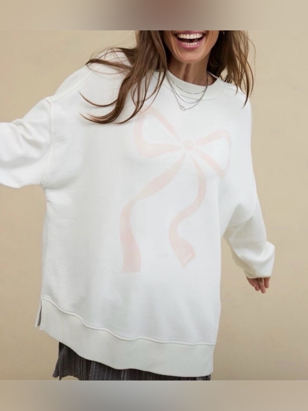 Aerie Big Chill Oversized Graphic Bow Print Sweatshirt in White and Pink